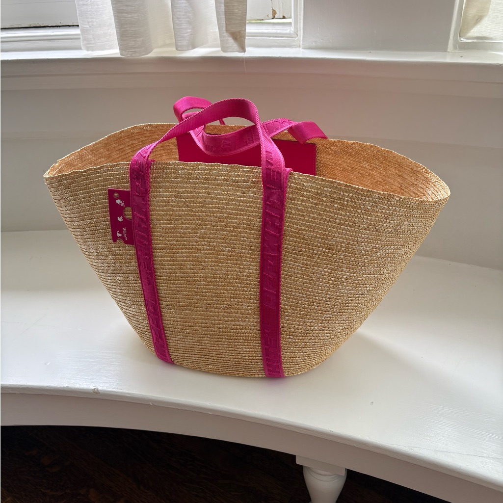 Off White Straw Tote Bag With Pink Handles